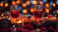 Two glasses of wine with red roses and candles on a table, AI Royalty Free Stock Photo
