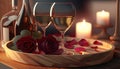 two glasses of wine and two roses on a tray with candles Royalty Free Stock Photo