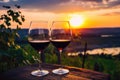 Two glasses of wine sitting elegantly on a wooden table, inviting you to unwind and enjoy a peaceful evening, Glasses of red wine