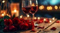 Two glasses of wine sitting on a table with rose petals. Perfect for romantic occasions or celebrations Royalty Free Stock Photo