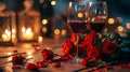 Two glasses of wine sitting on a table with rose petals. Perfect for romantic occasions or celebrations Royalty Free Stock Photo