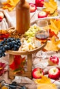 Two glasses of wine and snacks - parmesan cheese and camembert brie, grapes, apples, nuts almonds, hazelnuts, cashews. Still