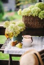 Two glasses of wine on summer table decorated with flowers. Royalty Free Stock Photo