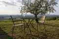 Two glasses of wine at sunset at a vineyard in tuscany Royalty Free Stock Photo