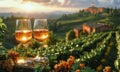 Two glasses of wine on the terrace of vineyard in Italy Chianti region Tuscany wine tasting Royalty Free Stock Photo