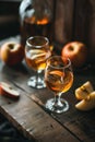 Two glasses of wine are on a wooden table with two apples Royalty Free Stock Photo