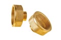 Two glossy brass fittings golden color with thread for connecting different diameter pipeline for oil, petrol, gas