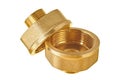 Two glossy brass fittings golden color with thread for connecting different diameter pipeline for oil, petrol, gas