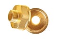 Two glossy brass fittings golden color with thread for connecting different diameter pipeline for oil, petrol, gas