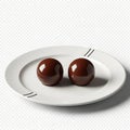 Two glossy chocolate truffles elegantly placed on a white plate with subtle shadows Royalty Free Stock Photo