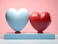 Two glossy hearts in unity, one blue and one red, on a minimalist stage.