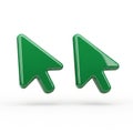 Two glossy green computer mouse cursor arrows pointing to the right on a white background with shadow Royalty Free Stock Photo