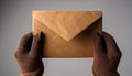 Hands holding a brown envelope against a neutral background in dim lighting Royalty Free Stock Photo
