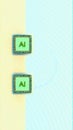 Two glowing AI microchips aligned vertically on a yellow and cyan background with curved data lines, captured in a symmetrical top Royalty Free Stock Photo