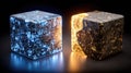 Digital Circuit Cube vs. Fiery Rock Cube Royalty Free Stock Photo
