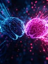 Two glowing digital brains exchange data streams in a virtual world symbolizing collaboration communication and the