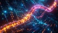 Intertwined glowing DNA chains against a backdrop of digital binary code and circuits Royalty Free Stock Photo