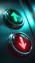 Two glowing elevator buttons with arrows pointing up and down. Generative AI. Royalty Free Stock Photo