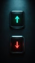 Two glowing elevator buttons with arrows pointing up and down. Generative AI. Royalty Free Stock Photo