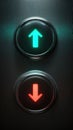 Two glowing elevator buttons with arrows pointing up and down. Generative AI. Royalty Free Stock Photo