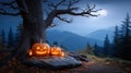 Halloween Night: Jack-o\'-Lanterns Glow Under a Full Moon by an Old Tree, generative ai Royalty Free Stock Photo