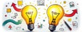 Two glowing light bulbs symbolize bright ideas. Arrows show growth and direction. Charts indicate progress. This visual Royalty Free Stock Photo