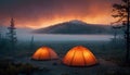 two glowing orange tourist tents on the background of a foggy forest, concept tourism, travel Royalty Free Stock Photo