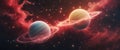 Two glowing planets engulfed in red nebula clouds with stars in the background. Royalty Free Stock Photo