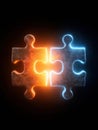 Two Glowing Puzzle Pieces Connected in a Dark Background With Contrasting Colors Highlighting Unity and Collaboration Royalty Free Stock Photo