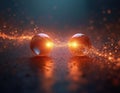 Two glowing spheres show quantum entanglement. Particles link with energy wave. Science abstract visual for physics, tech, or Royalty Free Stock Photo
