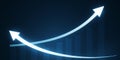 Two glowing white arrows curving upwards against a dark blue background with bars behind Royalty Free Stock Photo