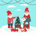 Two gnomes decorate a Christmas tree. Vector characters in flat style, cartoon Royalty Free Stock Photo