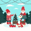 Two gnomes decorate a Christmas tree. Vector characters in flat style, cartoon Royalty Free Stock Photo