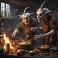 Two goat people cooking