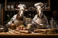 Two goats dressed as chefs are standing in front of a table with various kitchen Royalty Free Stock Photo