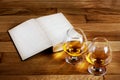 Two goblets of brandy and open book Royalty Free Stock Photo