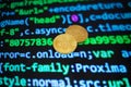 Two gold bitcoin coins on the background of lines of program code Royalty Free Stock Photo