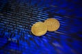 Two gold bitcoin coins on the background of lines of program code Royalty Free Stock Photo