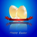 Two gold Easter eggs and red ribbon with reflection on a blue background.