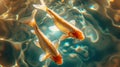 Two gold fish swimming in a pond with some bubbles, AI Royalty Free Stock Photo