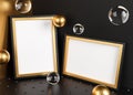 Two Gold Frames Elegant Mock Up Poster Template On Corner Room. Glass Golden Bubbles 3D Rendering. Black Background