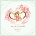 Two gold hearts on a background of pale pink flowers, wedding invitation template Royalty Free Stock Photo