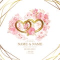 Two gold hearts on a background of pale pink flowers, wedding invitation template Royalty Free Stock Photo