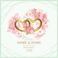 Two gold hearts on a background of pale pink flowers, wedding invitation template Royalty Free Stock Photo