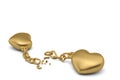 Two gold hearts with broken chains on white background.3D illustration. Royalty Free Stock Photo