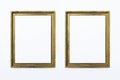 Two gold rectangular frames for painting or picture on white background. Isolated. Add your text. Royalty Free Stock Photo