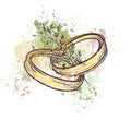 Two gold rings, a watercolor sketch. A pair of wedding rings in vintage style.