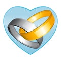 Two gold and silver wedding rings. Blue heart. Vector icon. Royalty Free Stock Photo
