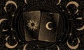Two gold tarot cards on a black mystical background with the moon and stars. Modern banner for astrology, fortune