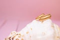 Two gold wedding rings on large shell on blurred pink background Royalty Free Stock Photo